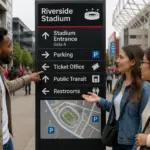 Three people discussing a wayfinding sign with clear fonts and high contrast in an urban setting
