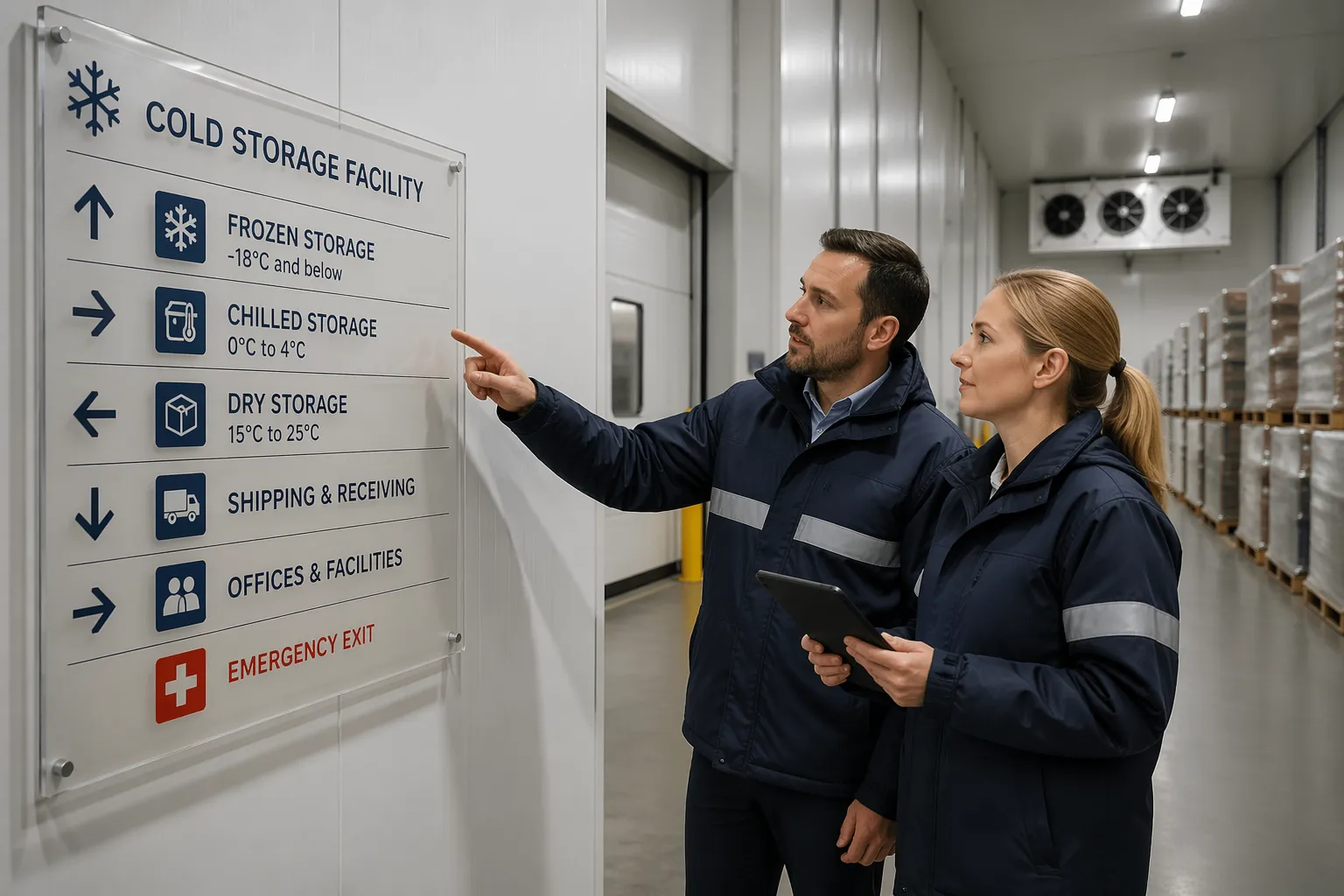 A man and a woman in a cold storage warehouse examining a wayfinding sign that shows directions to different storage areas.
