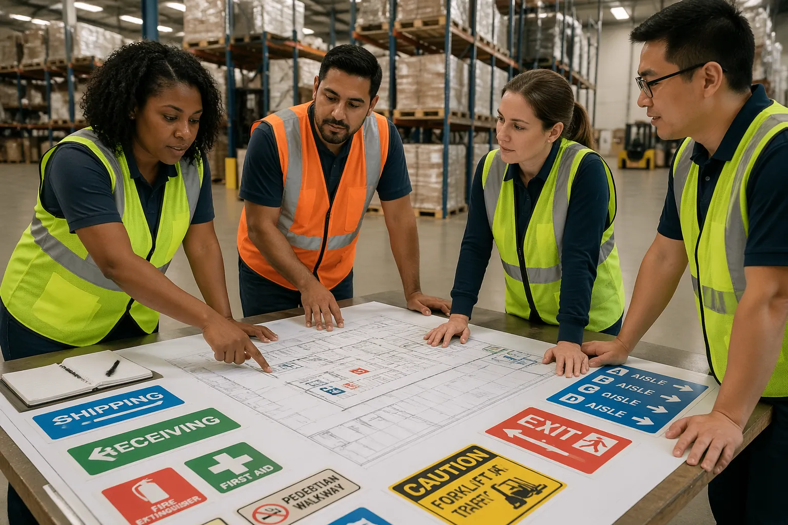 Warehouse employees planning wayfinding signage around a table with blueprints and designs in a distribution center