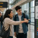 A woman and a man discussing wayfinding signage in a public space, pointing at a signage map.