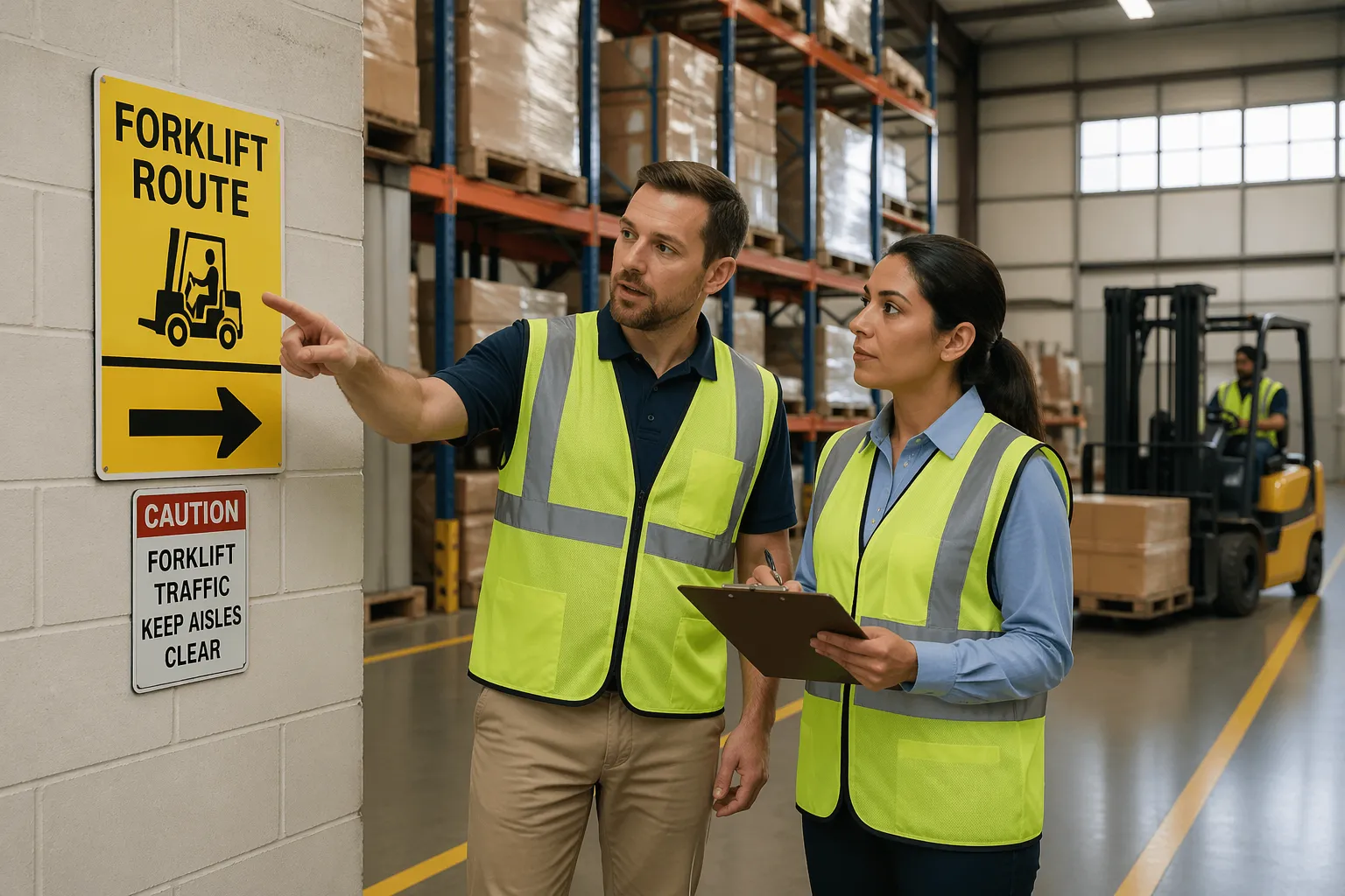 A man and a woman inspecting wayfinding signs for forklift traffic routes in a warehouse.