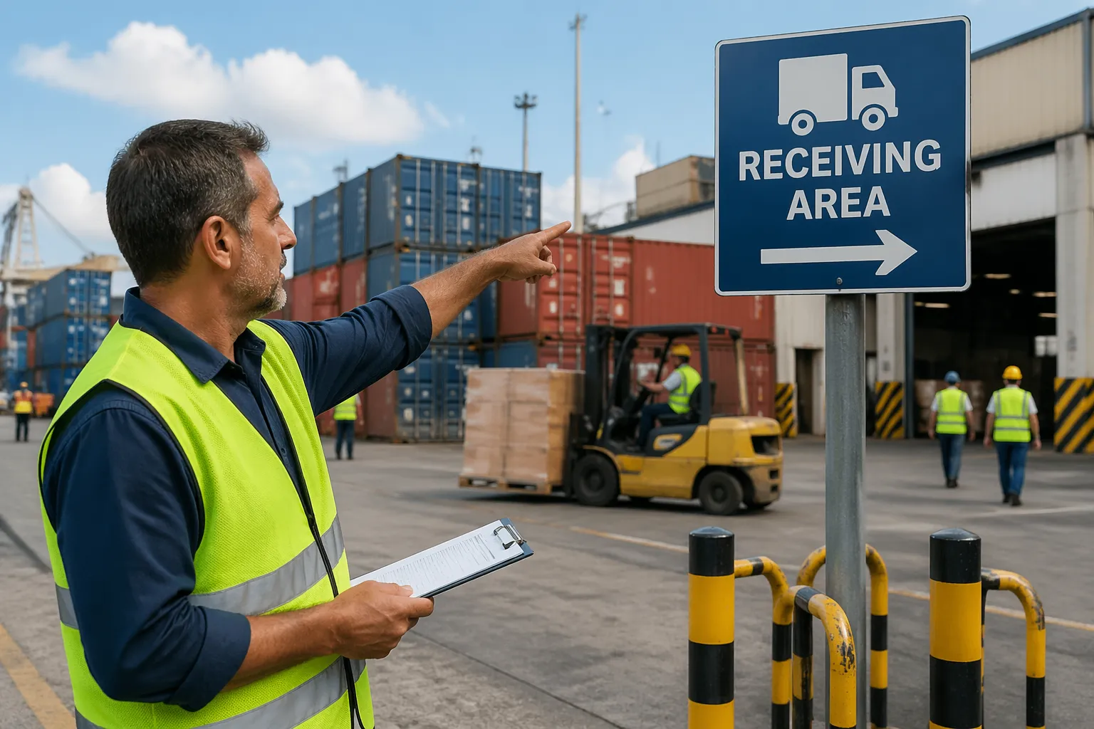 A man in a safety vest pointing at a shipping sign at a busy dock, with shipping containers and workers in the background.