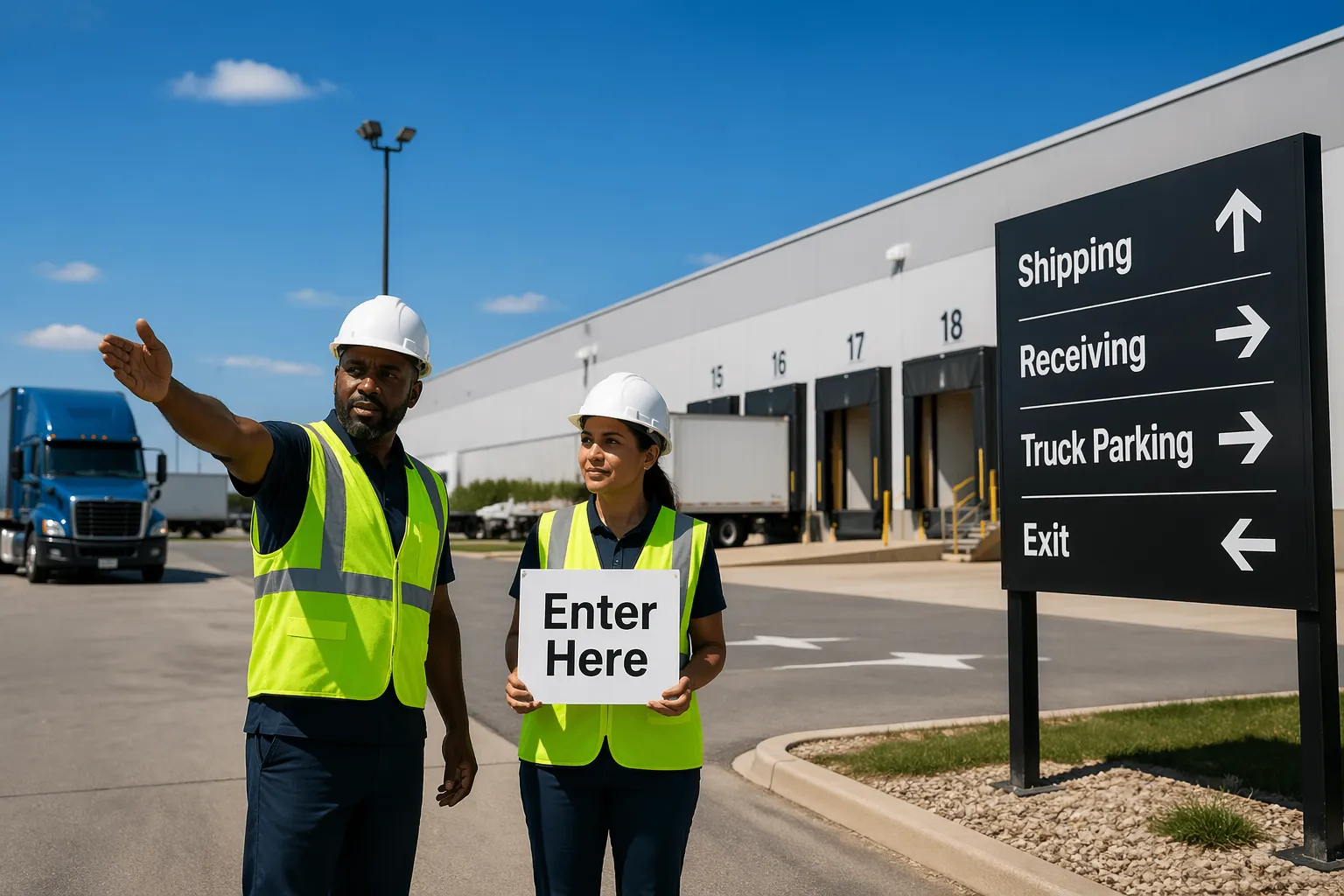 Workers directing truck traffic in a logistics yard with clear signage