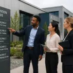 A man and two women discussing wayfinding signs in front of an industrial campus