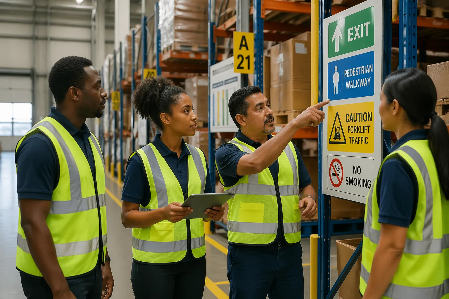 Warehouse workers discussing wayfinding symbols in a well-organized warehouse