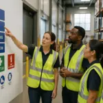 Warehouse workers discussing wayfinding symbols on a wall display in a modern warehouse