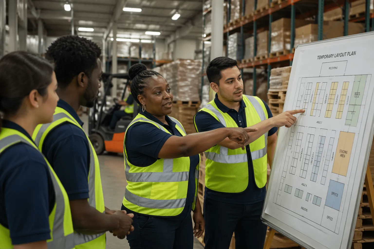 Warehouse workers discussing a temporary layout plan next to a large map in a well-lit warehouse