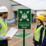 A safety officer points to an assembly point pictogram sign while two workers look on at an emergency gathering area outside a warehouse.
