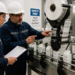 A quality engineer and a technician inspect an automated label applicator applying date code labels on packages moving along a factory conveyor.