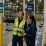 A safety supervisor points to warehouse wayfinding signs while a technician reviews the route in an automated warehouse with robots.