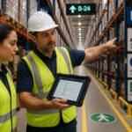 A man and a woman in safety vests use a tablet map to navigate a warehouse aisle with safety signs and location labels.