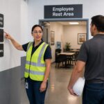A safety manager points to employee rest area wayfinding signs while a worker walks toward a break room in a warehouse corridor