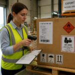 A logistics professional applies and checks international export labels and hazard symbols on a shipping box in a warehouse.