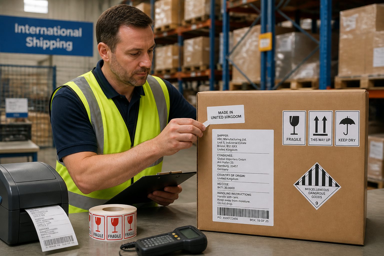 A man in a warehouse applies international export labels and handling symbols to a shipping box while checking a clipboard.
