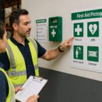 A man points to a first aid pictogram poster while a woman reviews the emergency symbols on a clipboard in a warehouse safety area.