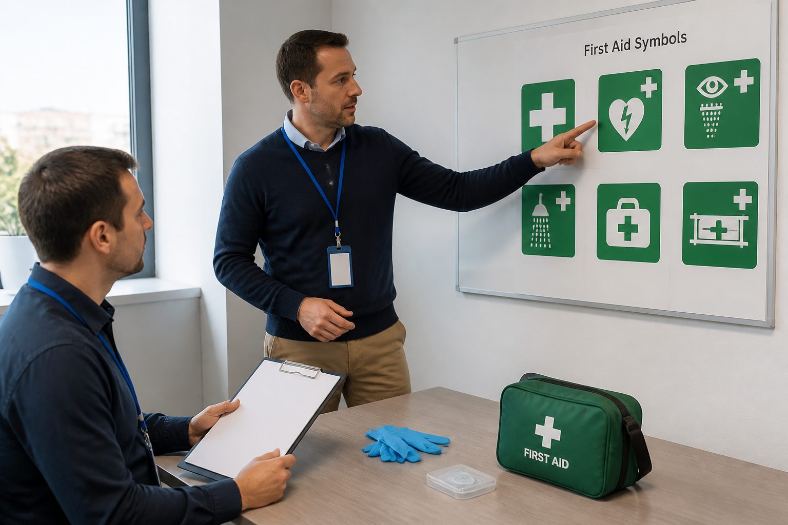 A safety trainer points to first aid pictograms on a wall poster while a colleague reviews notes beside a first aid kit.