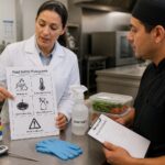 A food safety inspector points to a food safety pictogram chart while a kitchen worker reviews safe food handling symbols in a commercial kitchen.