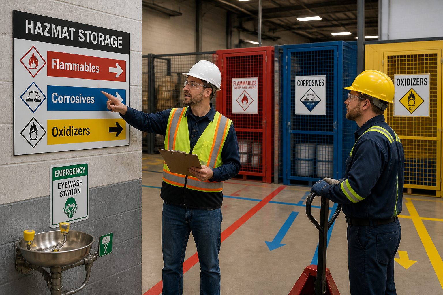 A safety officer points to a hazmat storage wayfinding sign while a warehouse worker follows the marked aisles in a chemical storage area.