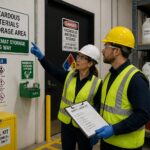 A safety officer points to hazmat storage wayfinding signs while a warehouse worker checks a compliance clipboard in a chemical storage area.