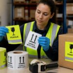 A logistics safety professional compares reflective and fluorescent shipping labels before applying one to a cardboard box.