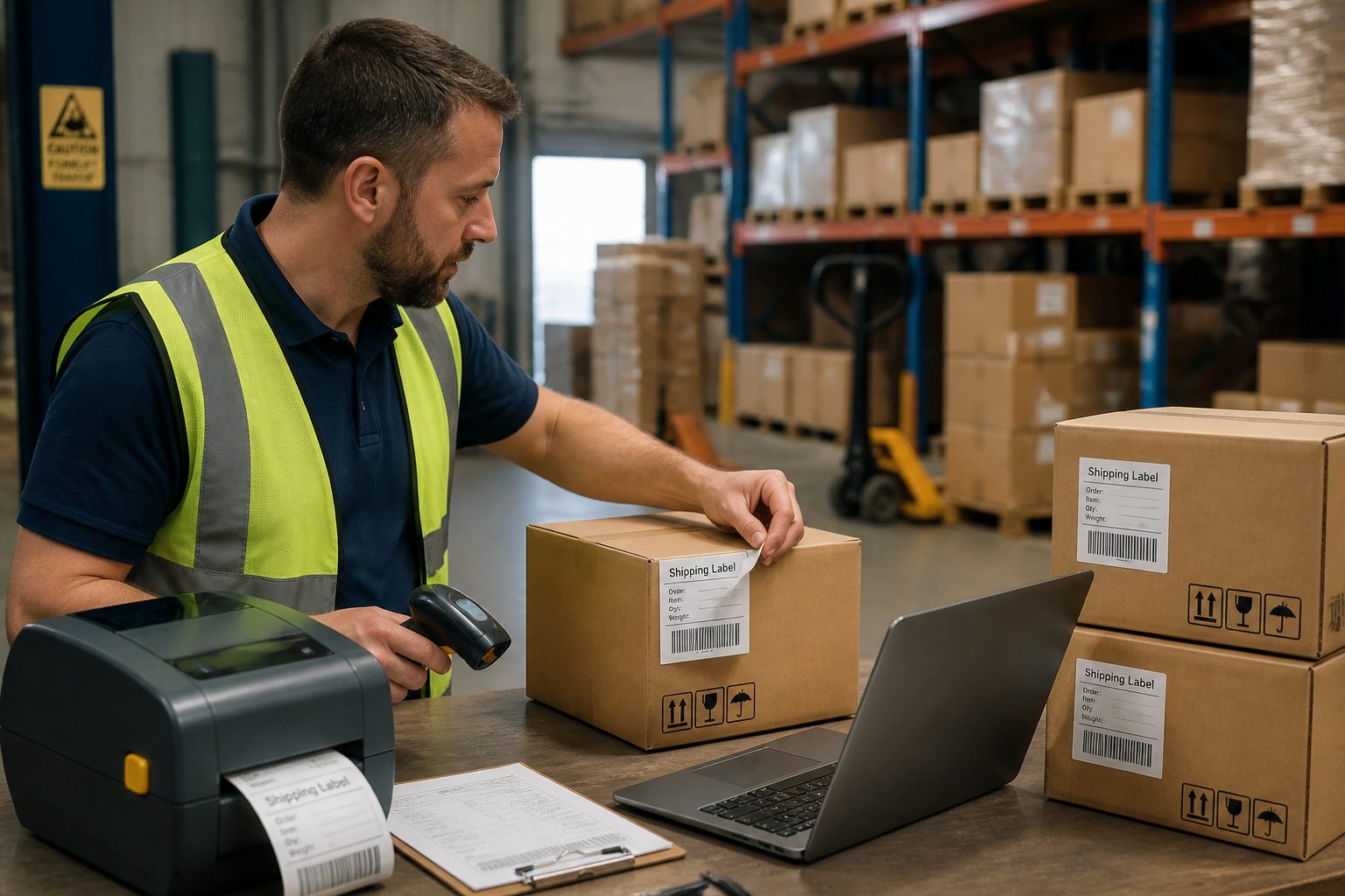 A warehouse worker prints and applies a shipping label to a box beside a laptop, barcode scanner, and label printer in a shipping area.