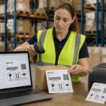 Warehouse worker prints a shipping label from logistics labeling software and applies it to a box while scanning inventory.