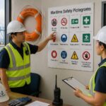 A port safety officer points to a maritime safety pictogram board while a woman reviews the symbols in a port office.