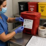 A healthcare worker in scrubs applies an English medical waste label to a red biohazard bag in a hospital waste container.