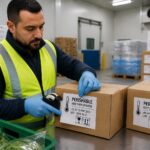 A male warehouse quality inspector applies an English perishable goods label to a refrigerated shipping carton in a cold storage area.