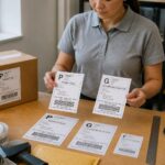 A shipping clerk compares different shipping label sizes beside a package and a ruler at a packing station.