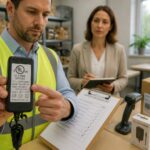 A man inspector points to a UL certification label on an electrical device while a woman colleague reviews notes in the background.