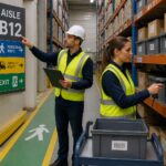 A warehouse supervisor points to an aisle wayfinding sign while a woman scans a labeled bin with a handheld barcode scanner in a marked storage area.