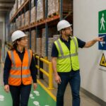 A safety supervisor points to a pedestrian wayfinding sign in a warehouse while a woman walks on a marked pedestrian route separated from a forklift lane.