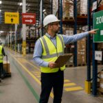 A warehouse manager points to a zone wayfinding sign while a worker moves a pallet jack along marked floor lanes.