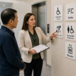 A facilities consultant points to accessibility pictogram signs on a building wall while speaking with a manager, with a wheelchair user in the corridor.