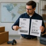 A logistics professional compares an ANSI shipping label sheet and an ISO shipping label sheet at a packing station with boxes and a barcode scanner.