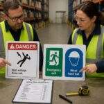 Two professionals in a warehouse compare an ANSI Z535 danger sign board with ISO 7010 safety symbol signs on a table.
