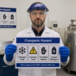 A safety technician in protective gear holds a sign showing cryogenic hazard pictograms for extreme cold and liquid nitrogen in a lab setting.