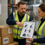 A man and a woman in a warehouse review ergonomics pictograms on a clipboard showing safe lifting and weight limit symbols next to stacked boxes.