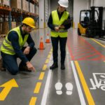 A safety manager and a worker inspect warehouse floor marking symbols with arrows and zone boundary lines for traffic flow and area separation.