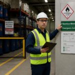 A safety officer points to combined hazard warning and directional wayfinding signs at the entrance to a hazardous materials storage area in a warehouse.