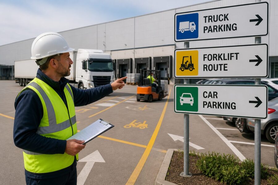 Parking Area Wayfinding in Logistics Facilities: Signs for Trucks, Forklifts, and Cars