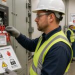 A safety technician locks out an electrical panel while holding a sheet of LOTO pictograms, with another worker near a lockout tagout sign board.