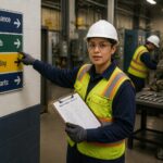 A maintenance technician points to wayfinding signs directing to a maintenance area while another worker repairs equipment in the background.