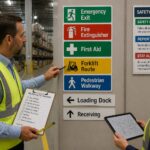 A man and a woman inspect warehouse wayfinding and safety signs while checking a clipboard checklist.