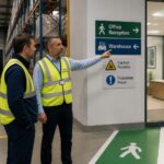 Two professionals point at wayfinding signs directing people from a warehouse aisle to office and reception areas inside the same building.