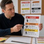 A safety compliance designer points to printed ANSI Z535 safety label examples showing color signal word headers and layout sections on a desk.