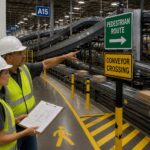 A safety supervisor points to pedestrian route signs while a warehouse technician reviews a map beside a high speed conveyor sortation system.