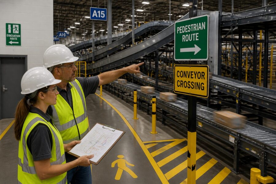 Automated Sortation System Wayfinding: Guiding Personnel Around High-Speed Conveyor Networks
