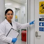 A lab safety officer points to a biohazard symbol and biosafety level signs on a laboratory door.